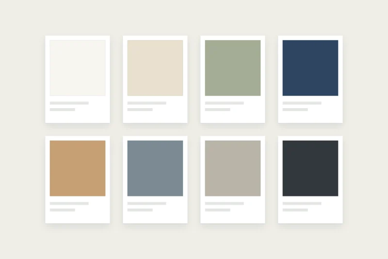 Cabinet paint samples in white, cream, sage, navy, wood, slate, greige and charcoal